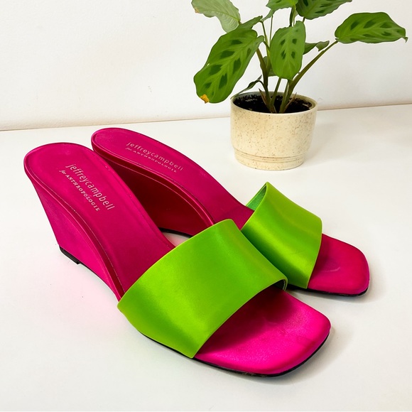 Anthropologie Shoes - JEFFREY Campbell ANTHROPOLOGIE Lime Green Satin & Hot Pink Platform Sandals